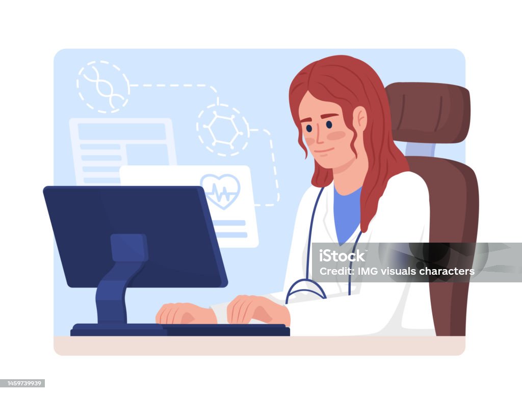 Computer Doctor Cartoon Doctor Works On Computer Flat Concept Vector Illustration Stock ...