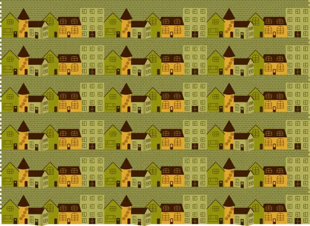 Vector illustration of Seamless pattern with colored houses on suburb street yellow green colored