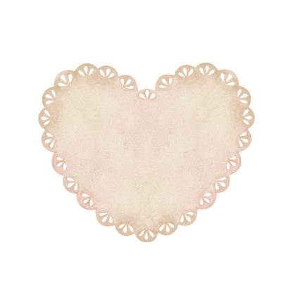 Beige lace doily in the shape of a heart. Place for inscription or text. Watercolor illustration. Isolated on a white background. For design of greeting cards, wedding invitation, for scrapbooking.