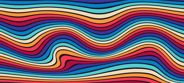 Vector illustration of Retro vintage 70s style stripes background poster wave lines. shapes vector design graphic 1970s retro background