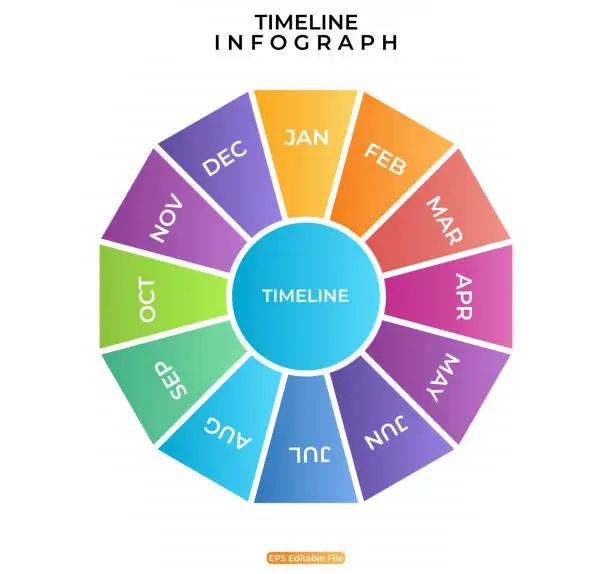 Vector illustration of Timeline infographic. Business Infographic template. 12 Months Timeline diagram with 12 steps and calendar icon. Presentation in vector format.