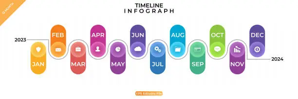 Vector illustration of Timeline infographic. Business Infographic template. 12 Months Timeline diagram with 12 steps and calendar icon. Presentation in vector format.