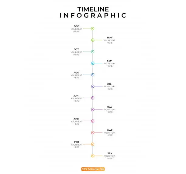 Vector illustration of Timeline infographic. Business Infographic template. 12 Months Timeline diagram with 12 steps and calendar icon. Presentation in vector format.