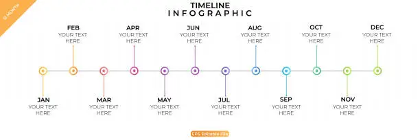 Vector illustration of Timeline infographic. Business Infographic template. 12 Months Timeline diagram with 12 steps and calendar icon. Presentation in vector format.