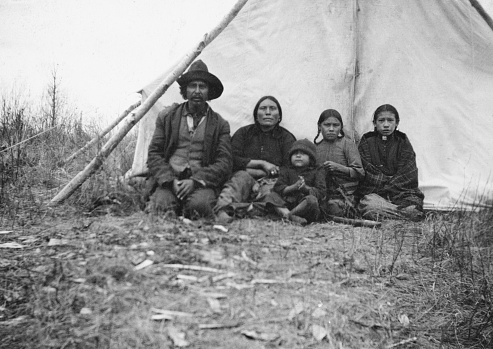 Sandy Lake, Alberta, Canada - 1913. Bigstone Cree family in a camp at Sandy Lake in Alberta, Canada.