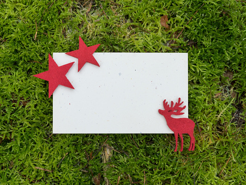 Greeting card with red reindeer figure and stars on green moss surface and copy space