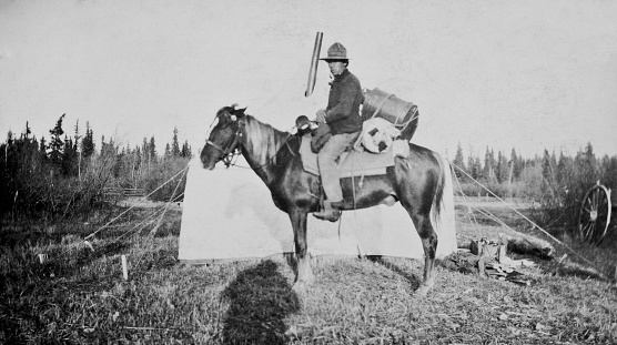 Peace River, Alberta, Canada - 1914. A Cree man on horseback at the town of Peace River in Alberta, Canada.