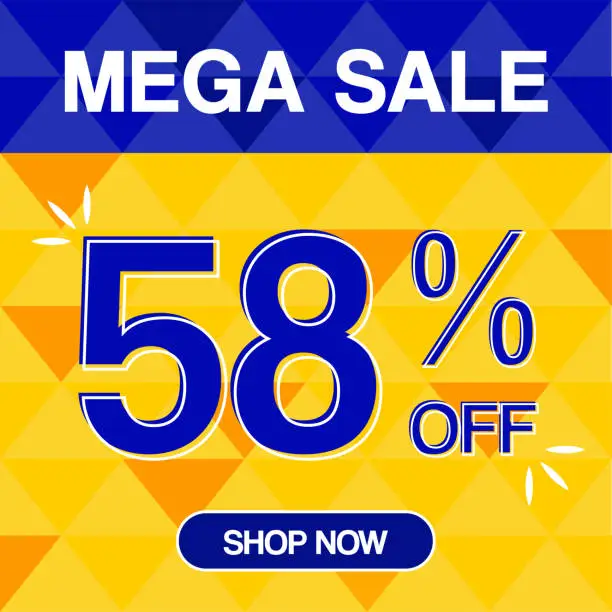 Vector illustration of 58% Percent Discoint Mega Sale Tag Oranje and Bue Background Shop Now