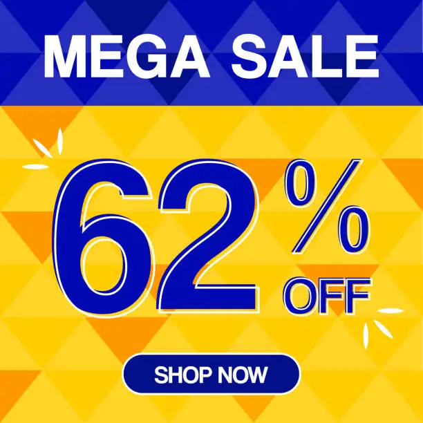 Vector illustration of 62% Percent Discoint Mega Sale Tag Oranje and Bue Background Shop Now