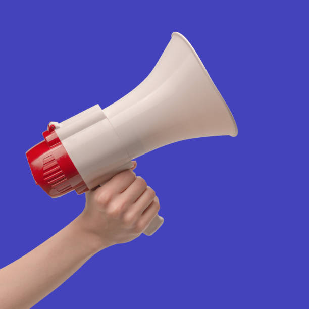 istock Megaphone in woman hands on a blue background. 1459751843