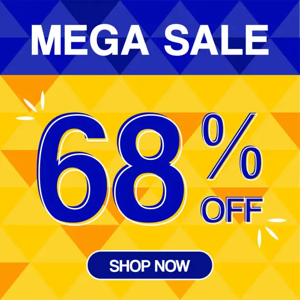 Vector illustration of 68% Percent Discoint Mega Sale Tag Oranje and Bue Background Shop Now