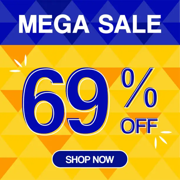 Vector illustration of 69% Percent Discoint Mega Sale Tag Oranje and Bue Background Shop Now