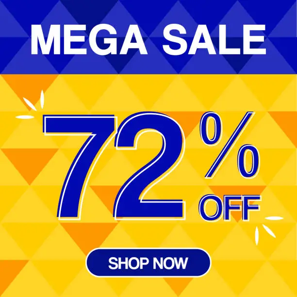 Vector illustration of 72% Percent Discoint Mega Sale Tag Oranje and Bue Background Shop Now