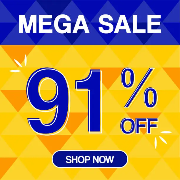 Vector illustration of 91% Percent Discoint Mega Sale Tag Oranje and Bue Background Shop Now