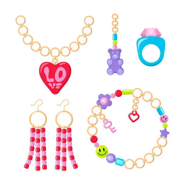 Vector illustration of Colorful plastic chunky jewelry set. Gold chain and acrylic accessories - necklace, earrings, bracelet and ring. Trendy accessories Y2k 90s style