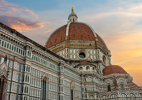 Cathedral of Saint Mary of the Flower (Cattedrale di Santa Maria del Fiore) or Duomo di Firenze at sunset, Florence, Italy