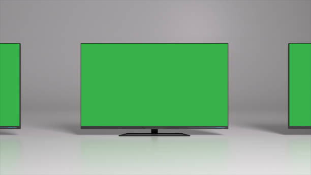 istock Green background. TV screens with chrome key. Empty space to insert. 3d illustration 1459757099