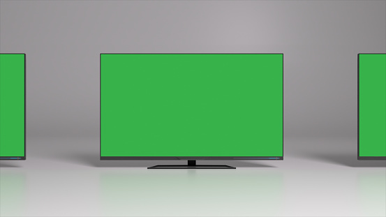 Green background. TV screens with chrome key. Empty space to insert. 3d illustration. High quality 3d illustration