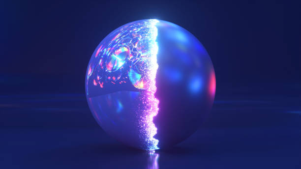 istock The shiny sphere changes its shell. Under the blue shell, a crystal rainbow ball appears. Blue neon color. Particles. 1459757150
