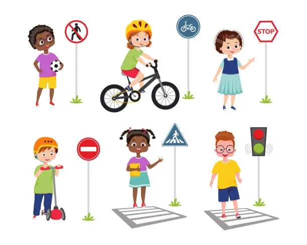 Vector illustration of Cute smiling Boys and Girls Learning Traffic Rules, Road Education, Rules.