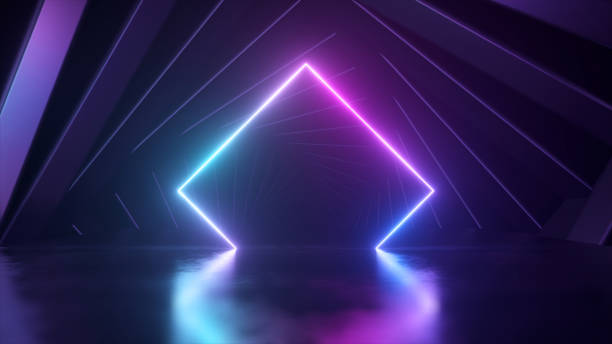 istock Blue neon rhombus on a smooth surface. Reflection. Tunnel. Large rhombuses revolve. 3d illustration 1459757172