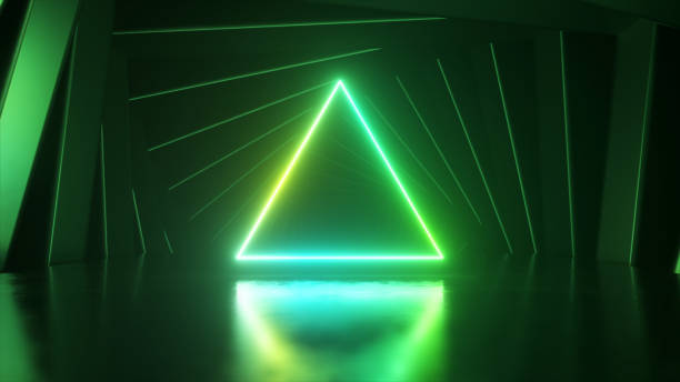 istock Neon green triangle on stage. Dark blue square frames rotate in the background to form a tunnel. 3d illustration 1459757217