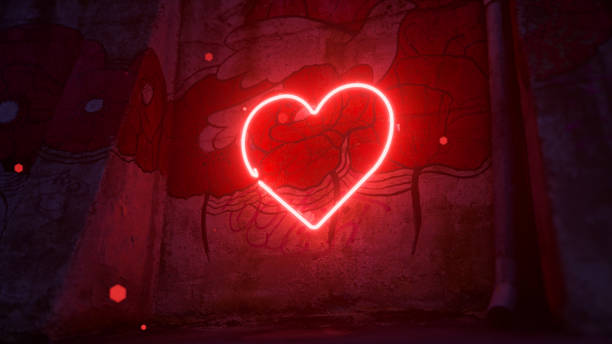 istock Red neon heart flashes on a large wall with a flower pattern. Red rhombus-shaped particles fly around. 1459757236