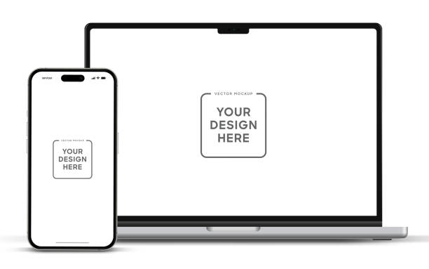 moderní laptop mockup přední pohled a smartphone mockup vysoce kvalitní izolované na bílém pozadí. návrh poznámkového bloku a návrh zařízení telefonu pro aplikaci ui ux a prezentaci webových stránek stock vector. - umělý stock ilustrace