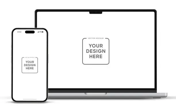 Vector illustration of Modern laptop mockup front view and smartphone mockup high quality isolated on white background. Notebook mockup and phone device mockup for ui ux app and website presentation Stock Vector.