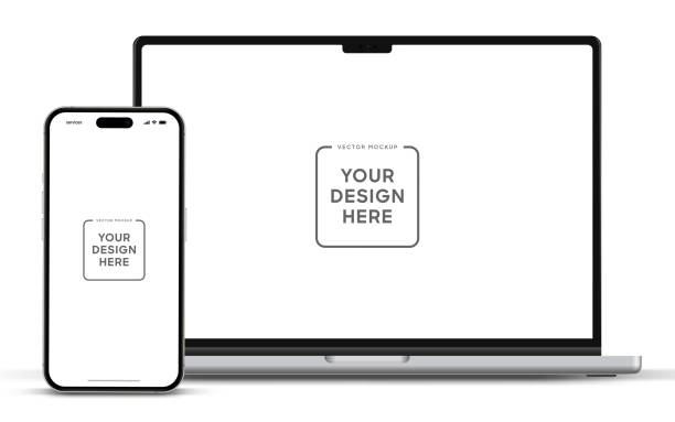 modern laptop mockup front view and smartphone mockup high quality isolated on white background. notebook mockup and phone device mockup for ui ux app and website presentation stock vector. - phone 幅插畫檔、美工圖案、卡通及圖標