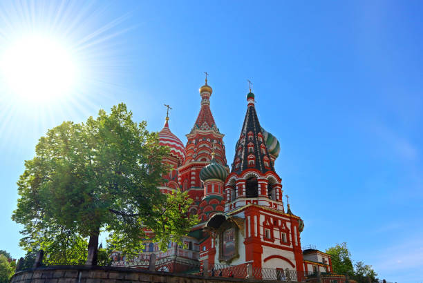 Summer view of the famous landmark. Beautiful ancient architecture building of old church in the capital of Russia. It is famous tourist attraction and landmark of Moscow.