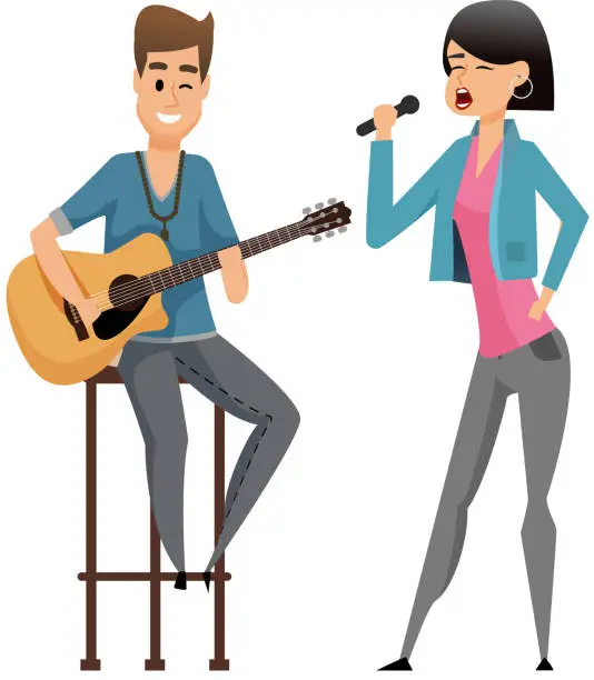 Vector illustration of Music band, playing guitar, duet singing concept. Man playing musical instrument and girl vocalist