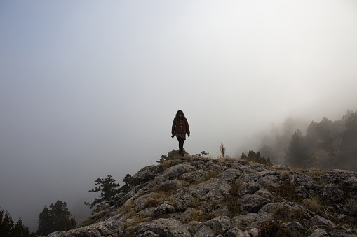 A group of tree people hiking in the misty forest