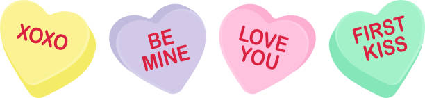 ilustrações de stock, clip art, desenhos animados e ícones de candy heart sayings, sweethearts, valentines day sweets, sugar food message of love on seasonal holiday, hugs and kisses, be mine, valentine - lots of candy hearts