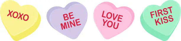 Vector illustration of Candy heart sayings, sweethearts, valentines day sweets, sugar food message of love on seasonal holiday, hugs and kisses, be mine, valentine