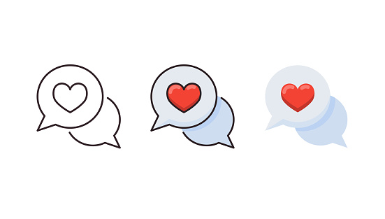 Speech bubbles with heart. 3 Different styles. Editable stroke.