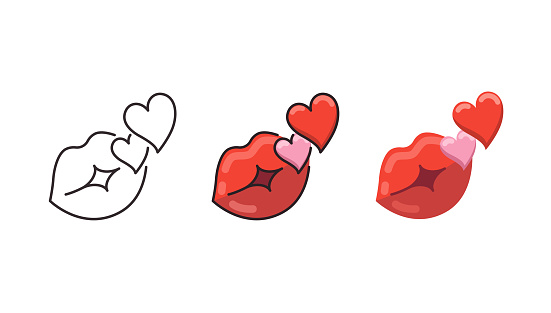 Lips kiss icons. 3 Different styles. Editable stroke.