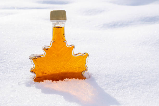 garrafa em forma de folha de bordo cheia de xarope de bordo dourado submerso na neve fresca - syrup bottle canadian culture canada - fotografias e filmes do acervo