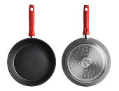 A frying pan with a red handle on a white background. Front side and back