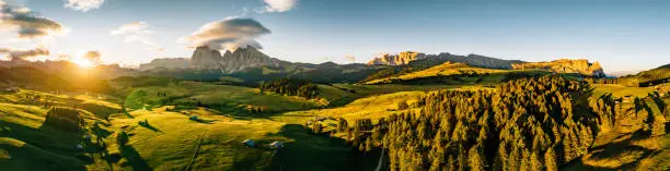 Aerial view of Seiser Alm - Famous landmark in northern Italy. Sunrise in Italian Dolomites.