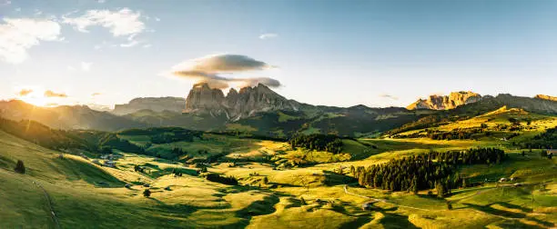 Aerial view of Seiser Alm - Famous landmark in northern Italy. Sunrise in Italian Dolomites.