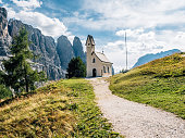 San Maurizio chapel at the top of Gardena Pass in Val Gardena, Trentino Alto Adige, Italy