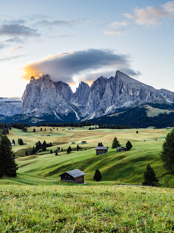 Seiser Alm view at sunrise - Famous landmark in northern Italy. Italian Dolomites landscape.