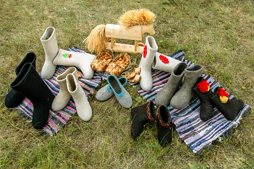 different felt boots are laid out on the grass, top view. High quality photo
