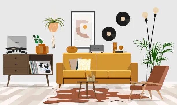 Vector illustration of Vintage and cozy space with poster frame, sofa, coffee table, plants, commode, decoration and personal accessories.