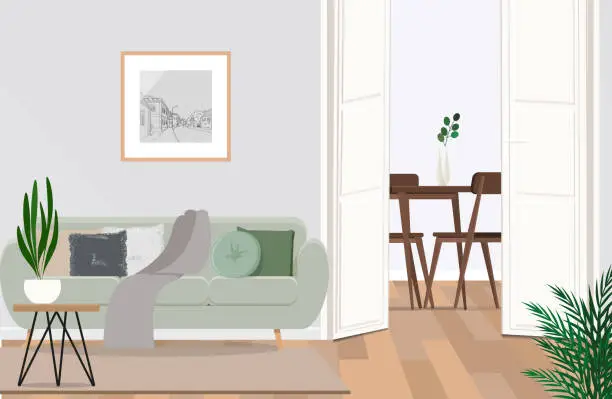 Vector illustration of Stylish scandinavian living room with design mint sofa, furnitures, plants and elegant personal accessories.