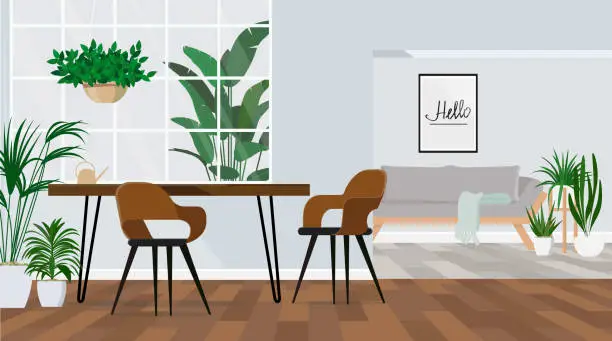 Vector illustration of Stylish and botany interior of dining room with table, chairs, a lot of plants.