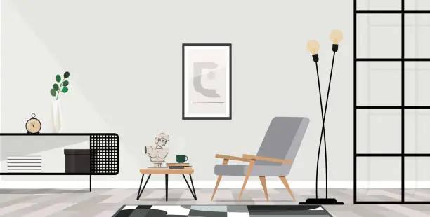 Vector illustration of Stylish scandinavian composition of living room with grey armchair, in modern home decor.