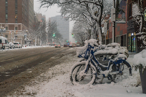 Hamilton, Ontario - Community Shared Bikes covered in Snow