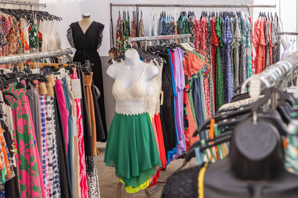A small woman's clothing boutique in Saintes-Maries-de-la-Mer. Saintes-Maries-de-la-Mer, Bouches-du-Rhône, Provence-Alpes-Cote d'Azur, France. July 3, 2022. A small woman's clothing boutique in Saintes-Maries-de-la-Mer. Fashion Districts and Shopping Hubs stock pictures, royalty-free photos & images